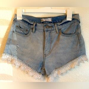 Free People Light Blue Lace Trim Jean Shorts